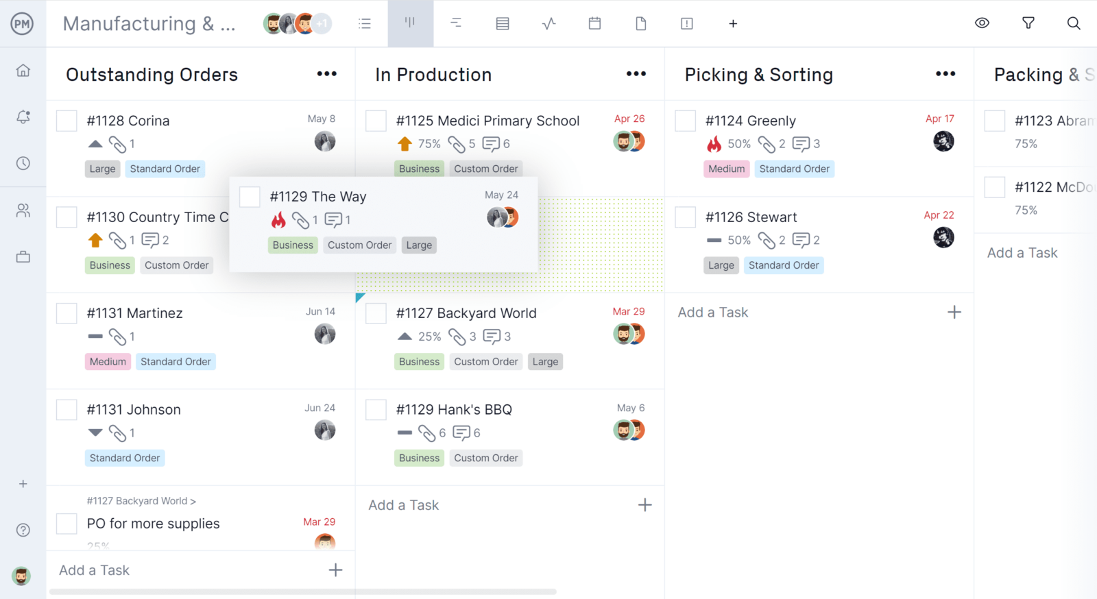 A zoomed in screenshot of ProjectManager.com’s kanban view