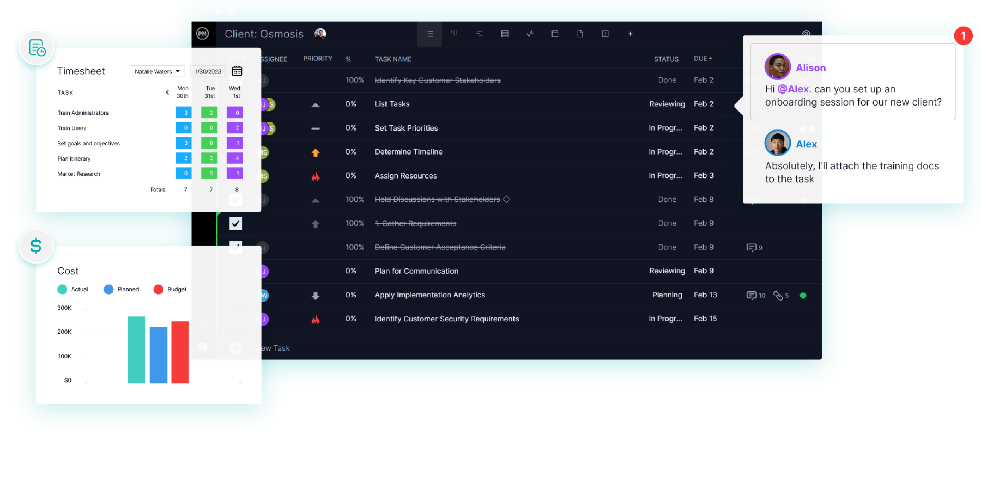 Professional services project management software with a task list, timesheet and cost graph from dashboard