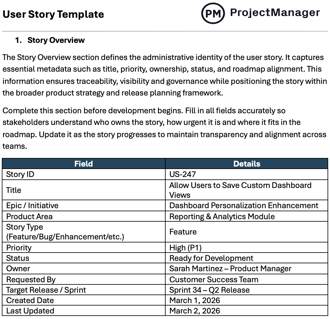 User Story Template for Word - ProjectManager