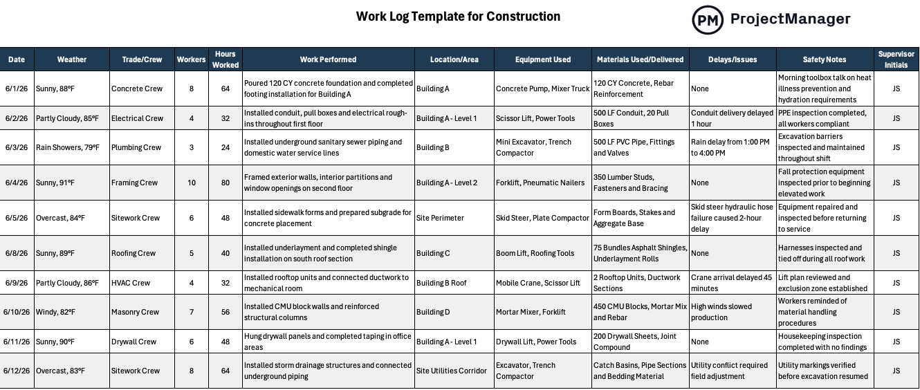 Work Log Template for Excel